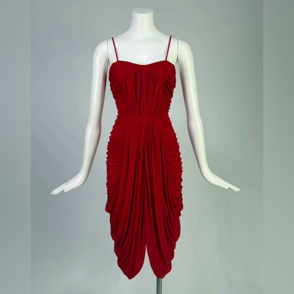 Vintage 1970s Cherry Red Draped Cocktail Dress by New Leaf by Samir